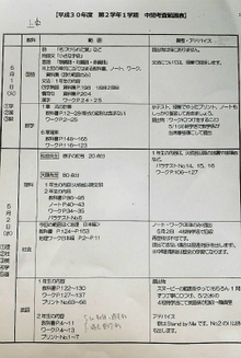 4/17【上石神井教室】中間テストの範囲表